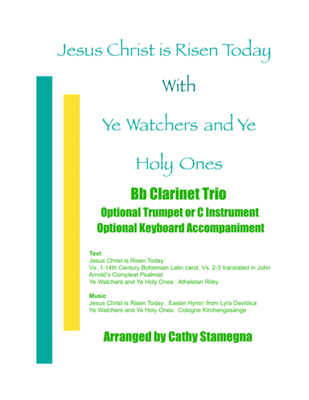 Jesus Christ Is Risen Today With Ye Watchers And Ye Holy Ones Bb Clarinet Trio Opt Bb Trumpet Or C Instrument Opt Keyboard Acc Sheet Music