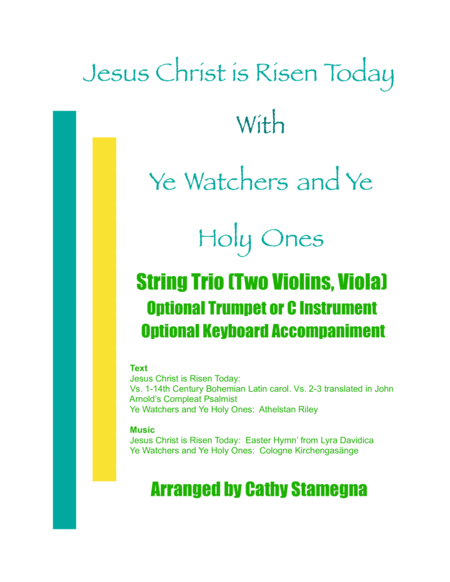 Free Sheet Music Jesus Christ Is Risen Today With Ye Watchers And Ye Holy Ones String Trio Two Violins Viola Opt Bb Trumpet Or C Instrument Opt Keyboard Acc