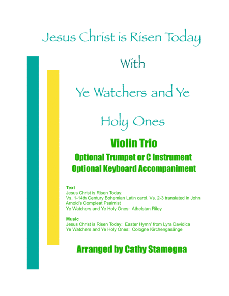 Free Sheet Music Jesus Christ Is Risen Today With Ye Watchers And Ye Holy Ones Violin Trio Opt Bb Trumpet Or C Instrument Opt Keyboard Acc