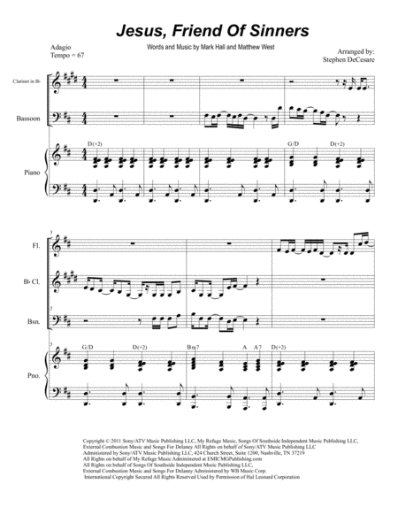 Jesus Friend Of Sinners For Woodwind Quartet Sheet Music