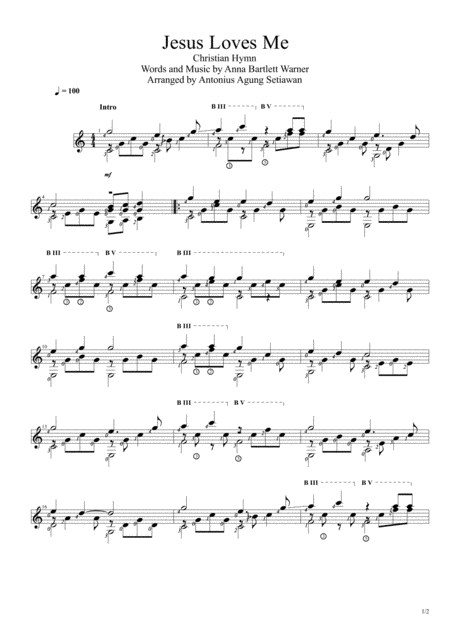 Jesus Loves Me Solo Guitar Score Sheet Music