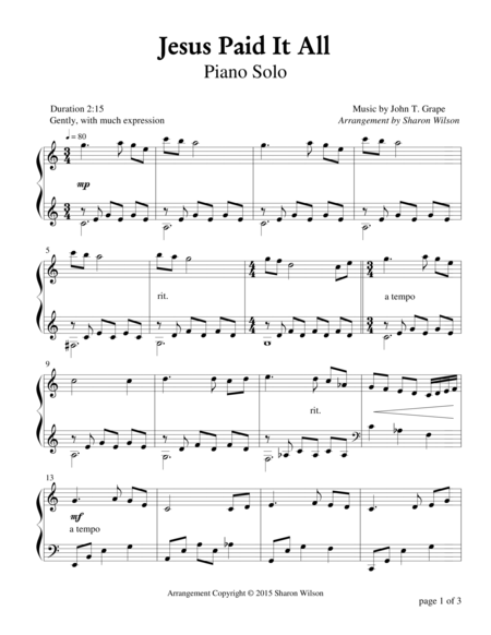 Jesus Paid It All Piano Solo Sheet Music