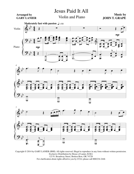 Free Sheet Music Jesus Paid It All Vln And Piano With Vln Part