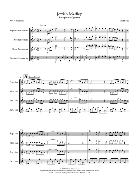 Free Sheet Music Jewish Medley Saxophone Quartet