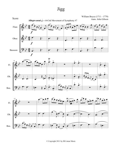 Jigg By William Boyce For Mixed Woodwind Trio Sheet Music