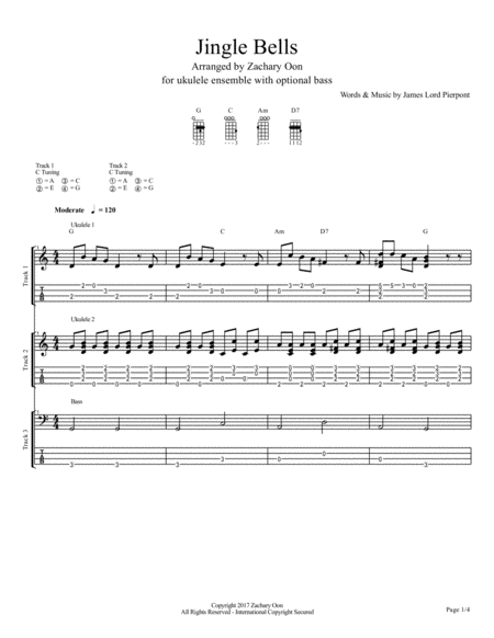 Jingle Bell For Ukulele Ensemble With Optional Bass Sheet Music