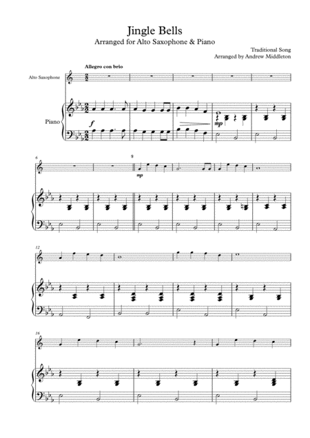 Free Sheet Music Jingle Bells Arranged For Alto Saxophone Piano