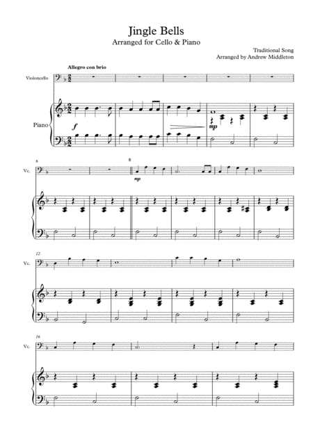 Jingle Bells Arranged For Cello Piano Sheet Music