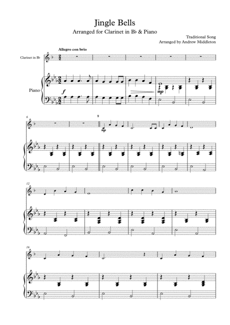 Free Sheet Music Jingle Bells Arranged For Clarinet Piano