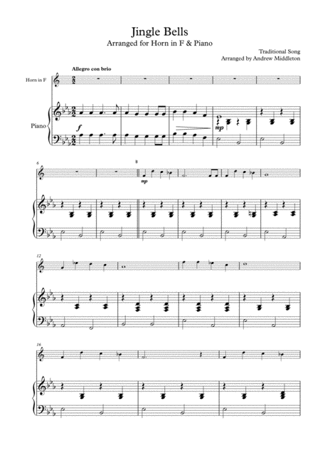 Jingle Bells Arranged For Horn Piano Sheet Music