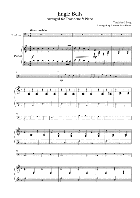 Free Sheet Music Jingle Bells Arranged For Trombone Piano