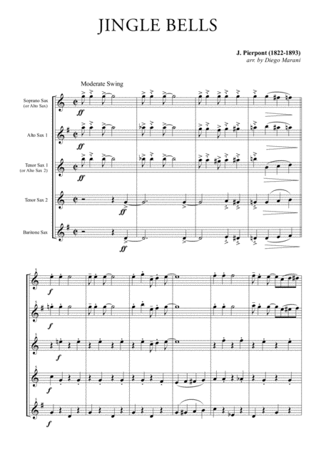 Jingle Bells For Saxophone Quintet Sheet Music