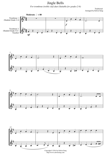 Jingle Bells For Trombone Duet Treble Clef Suitable For Grades 2 6 Sheet Music