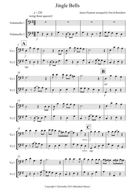 Free Sheet Music Jingle Bells Jazzy Style For Cello Duet