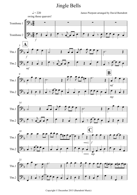 Jingle Bells Jazzy Style For Trombone Duet Sheet Music