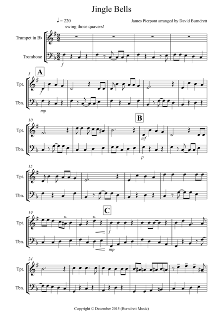 Jingle Bells Jazzy Style For Trumpet And Trombone Duet Sheet Music