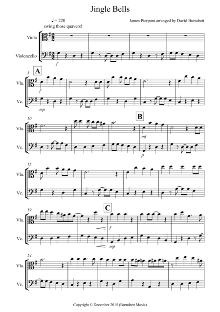 Jingle Bells Jazzy Style For Viola And Cello Duet Sheet Music