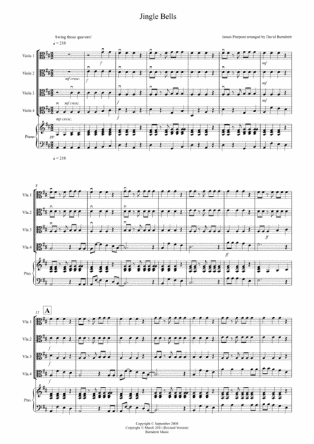 Jingle Bells Jazzy Style For Viola Quartet Sheet Music