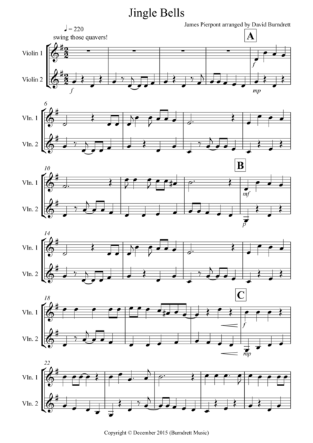 Jingle Bells Jazzy Style For Violin Duet Sheet Music