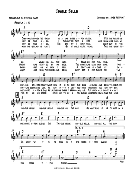 Jingle Bells Lead Sheet Melody Lyrics Chords In Key Of A Sheet Music