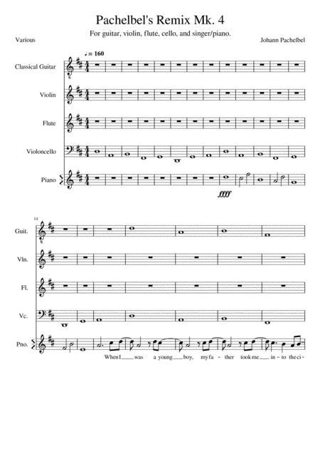 Johann Pachelbel Mashup For Guitar Violin Flute Cello And Singer Piano Sheet Music