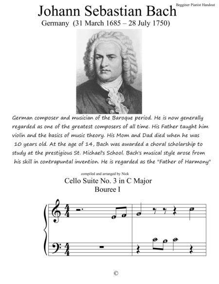 Johann Sebastian Bach For Begginer Pianist Sheet Music