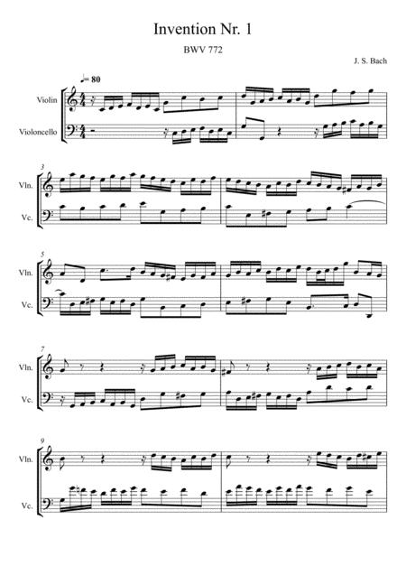 Johann Sebastian Bach Invention No 1 Violin And Violoncello Duet Sheet Music