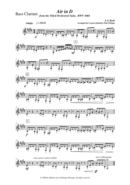 Johann Sebastian Bach Wehage Air In D From The Third Orchestral Suite Bwv 1068 Arranged For Concert Band Bass Clarinet Part Sheet Music