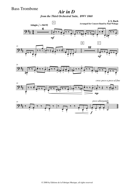 Johann Sebastian Bach Wehage Air In D From The Third Orchestral Suite Bwv 1068 Arranged For Concert Band Bass Trombone Part Sheet Music