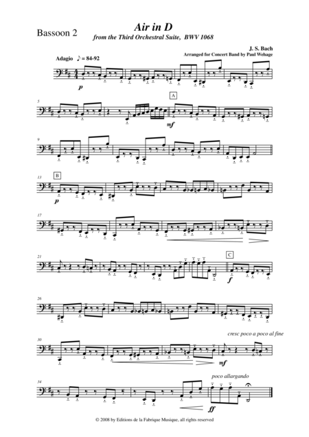 Johann Sebastian Bach Wehage Air In D From The Third Orchestral Suite Bwv 1068 Arranged For Concert Band Bassoon Ii Part Sheet Music