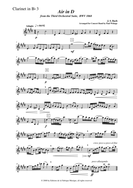 Johann Sebastian Bach Wehage Air In D From The Third Orchestral Suite Bwv 1068 Arranged For Concert Band Bb Clarinet Iii Part Sheet Music
