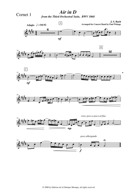 Johann Sebastian Bach Wehage Air In D From The Third Orchestral Suite Bwv 1068 Arranged For Concert Band Cornet 1 Part Sheet Music