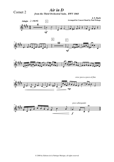 Johann Sebastian Bach Wehage Air In D From The Third Orchestral Suite Bwv 1068 Arranged For Concert Band Cornet Ii Part Sheet Music