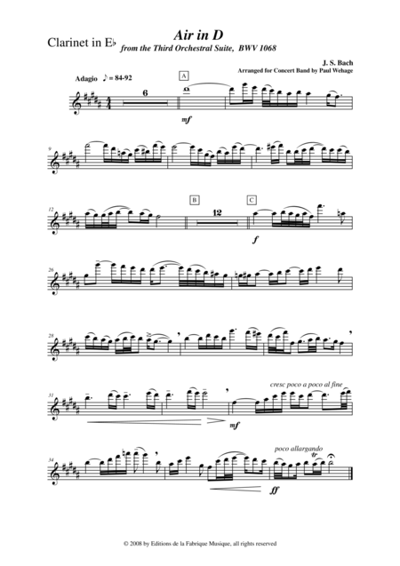 Johann Sebastian Bach Wehage Air In D From The Third Orchestral Suite Bwv 1068 Arranged For Concert Band Eb Clarinet Part Sheet Music