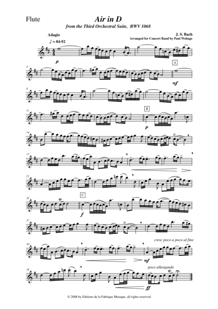 Johann Sebastian Bach Wehage Air In D From The Third Orchestral Suite Bwv 1068 Arranged For Concert Band Flute Part Sheet Music