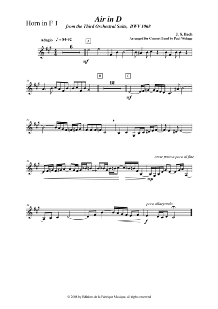 Johann Sebastian Bach Wehage Air In D From The Third Orchestral Suite Bwv 1068 Arranged For Concert Band Horn 1 Part Sheet Music