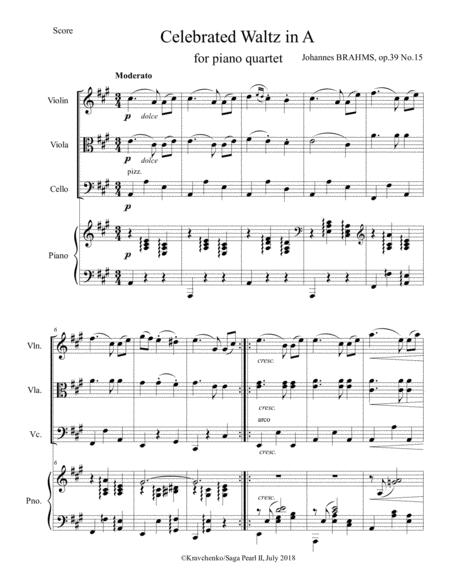 Free Sheet Music Johannes Brahms Celebrated Waltz In A Arr For Piano Quartet Score And Parts