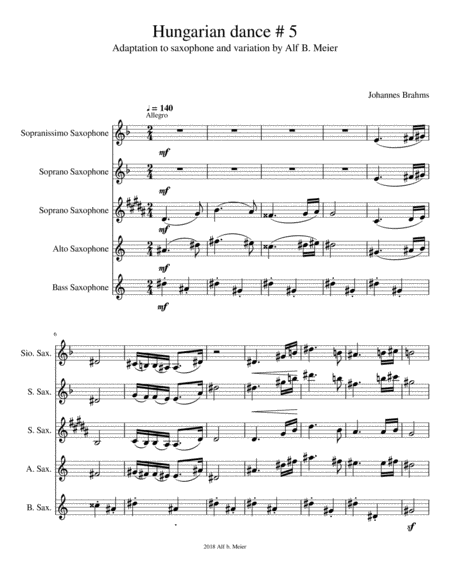 Free Sheet Music Johannes Brahms Hungarian Dance 5 Variation And Adaptation To Saxophone Quintett