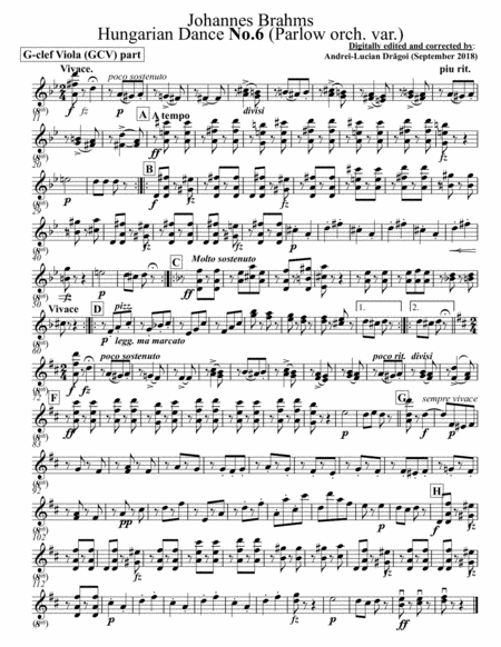 Free Sheet Music Johannes Brahms Hungarian Dance No 6 Parlow Orch Var C Clef Viola Ccv And Arr For G Clef Viola Gcv