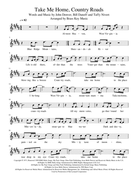 John Denver Take Me Home Country Roads Trumpet Sheet Music