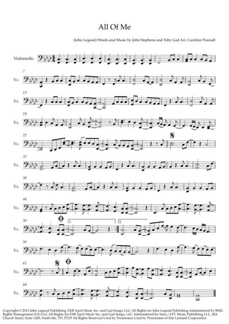 Free Sheet Music John Legend All Of Me Cello Solo