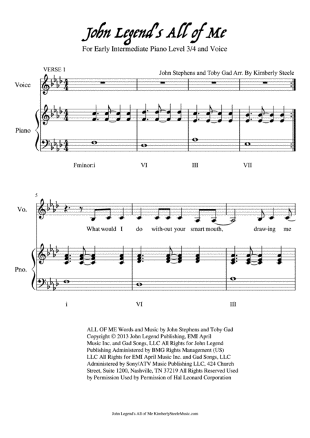 John Legends All Of Me For Voice And Early Intermediate Piano Sheet Music