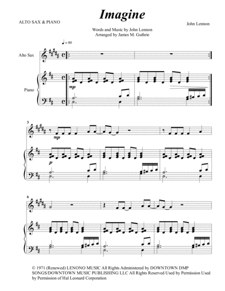 Free Sheet Music John Lennon Imagine For Alto Sax Piano