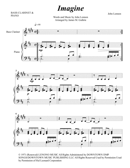 Free Sheet Music John Lennon Imagine For Bass Clarinet Piano