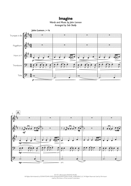 Free Sheet Music John Lennon Imagine For Brass Quintet