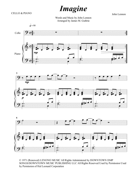 John Lennon Imagine For Cello Piano Sheet Music