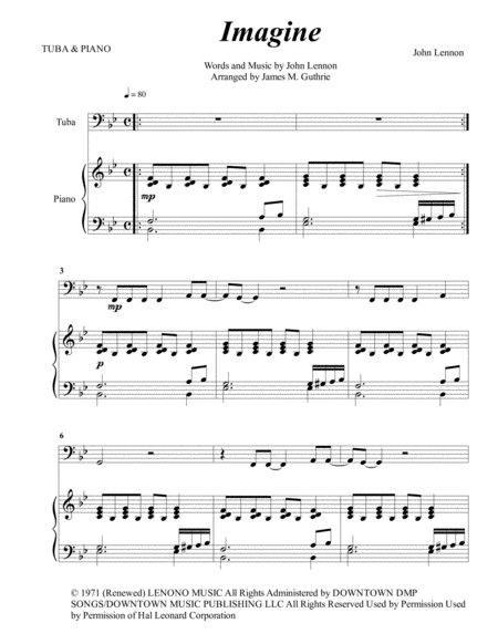 Free Sheet Music John Lennon Imagine For Tuba Piano