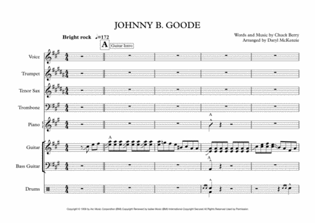 Johnny B Goode Vocal With Small Band 3 Horns Key Of A Sheet Music