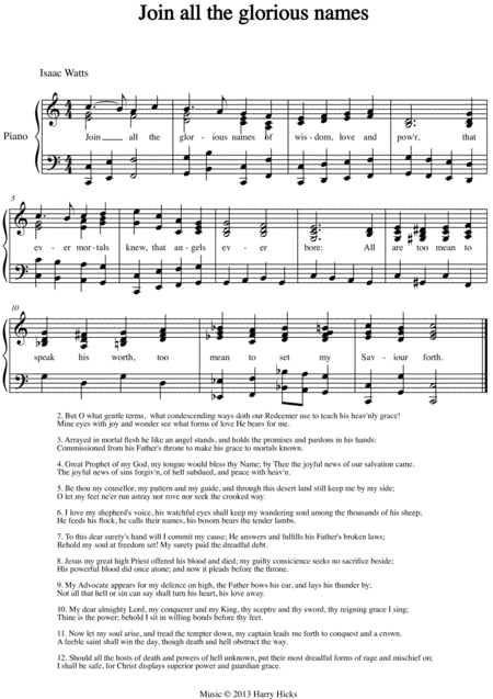 Join All The Glorious Names A New Tune To A Wonderful Isaac Watts Hymn Sheet Music