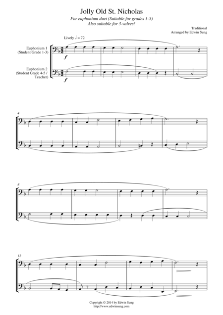 Jolly Old St Nicholas For Euphonium Duet Bass Clef 3 Or 4 Valved Suitable For Grades 1 5 Sheet Music